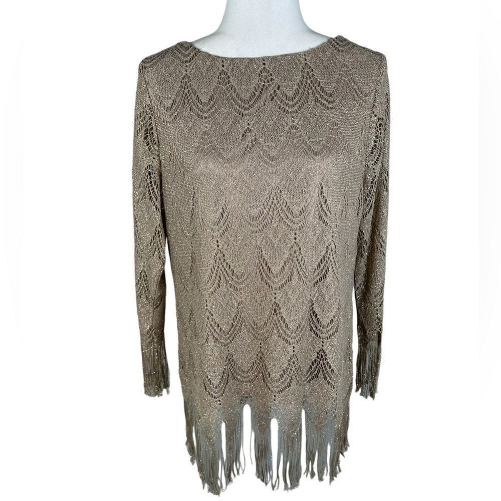 Chico’s Gold Metallic Scalloped Fringe Trim Dressy Top - Picture 5 of 11